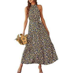 Bohemian Floral V Neck Short Sleeve Split Loose Long Maxi Dress with Slit